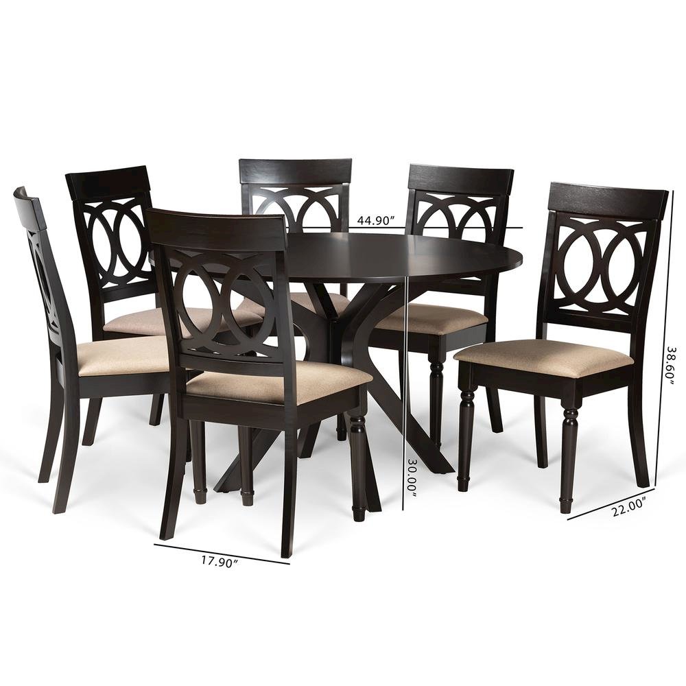 Sand Fabric Upholstered and Dark Brown Finished Wood 7-Piece Dining Set. Picture 18