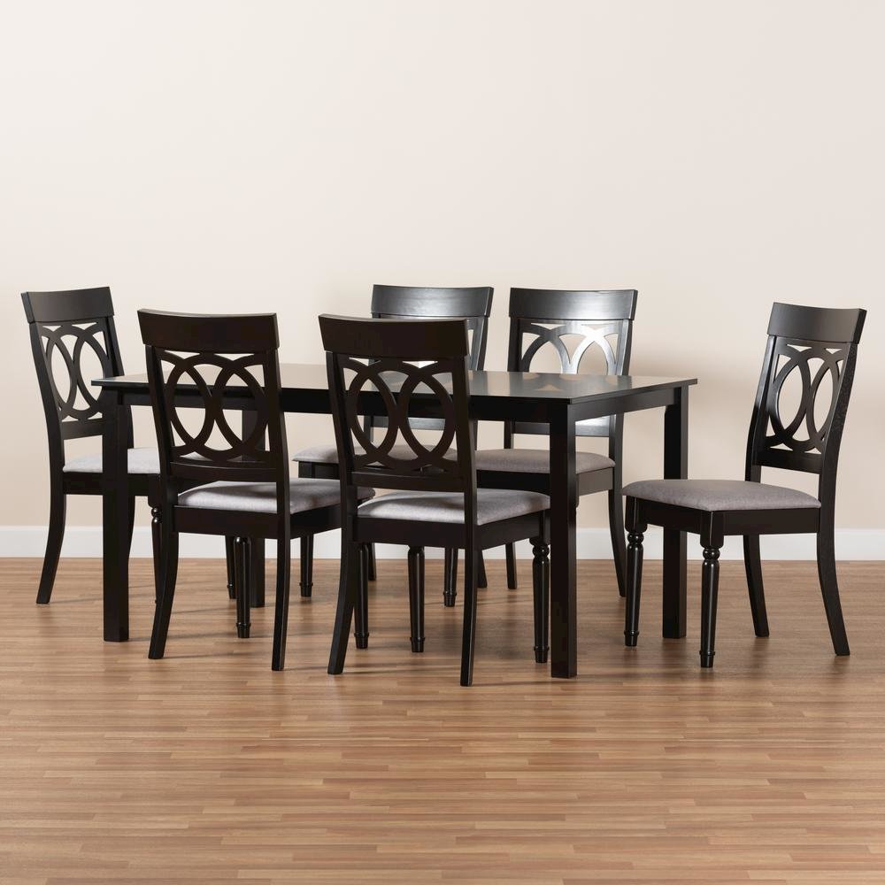 Grey Fabric Upholstered and Dark Brown Finished Wood 7-Piece Dining Set. Picture 17