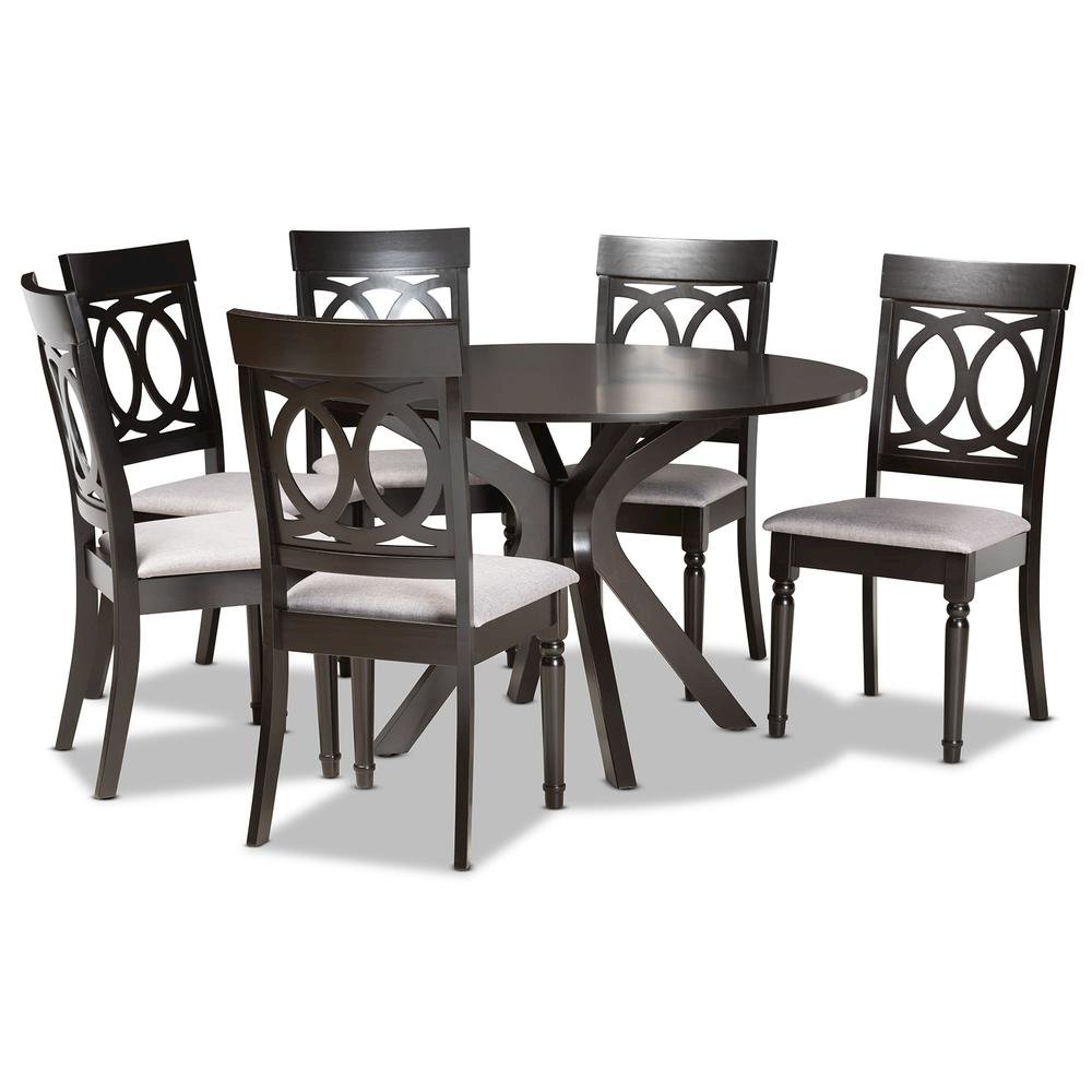 Grey Fabric Upholstered and Dark Brown Finished Wood 7-Piece Dining Set. Picture 10