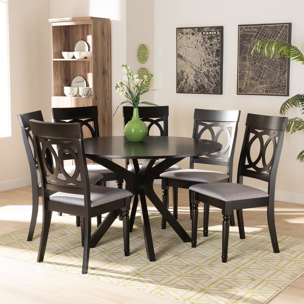 Grey Fabric Upholstered and Dark Brown Finished Wood 7-Piece Dining Set. Picture 16