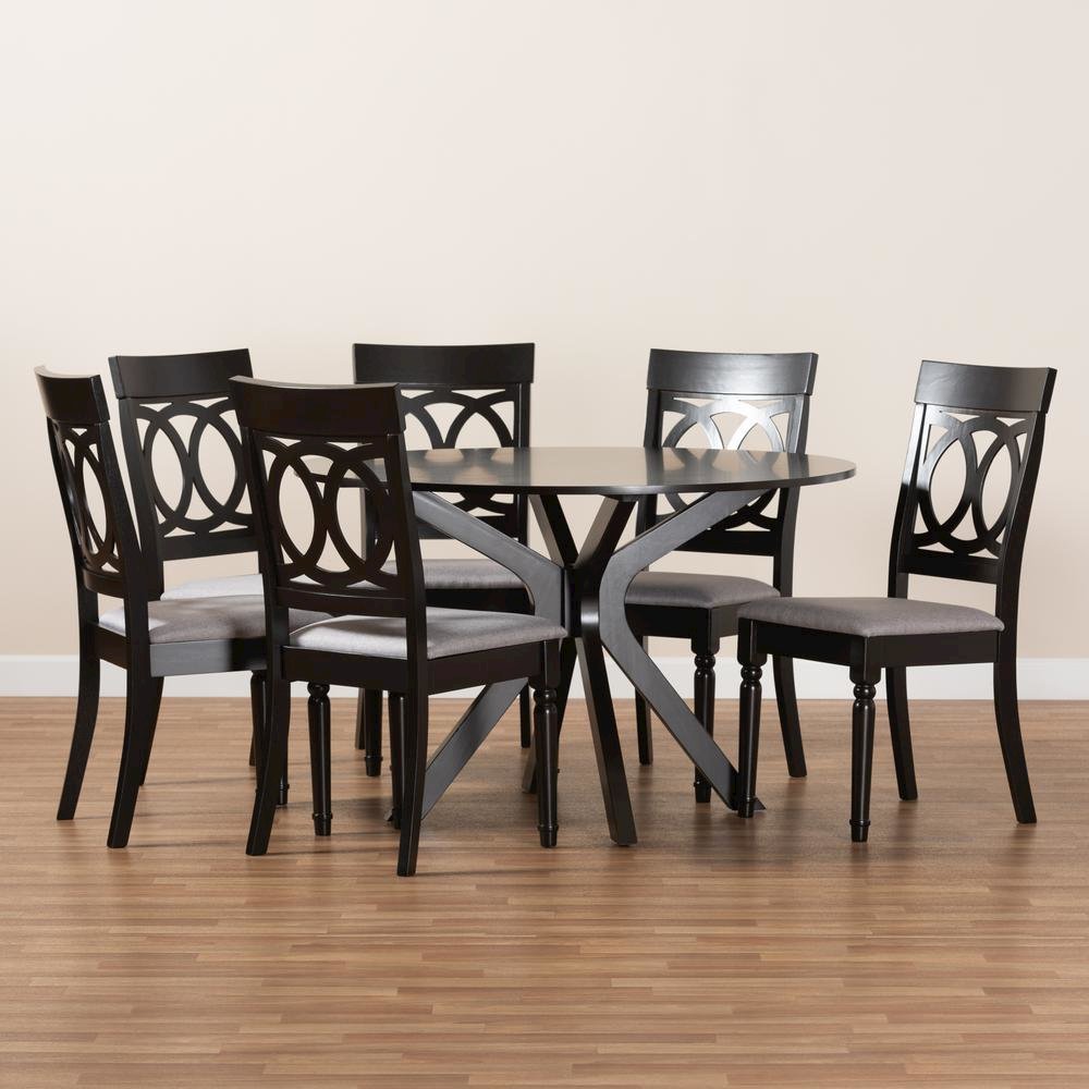 Grey Fabric Upholstered and Dark Brown Finished Wood 7-Piece Dining Set. Picture 17