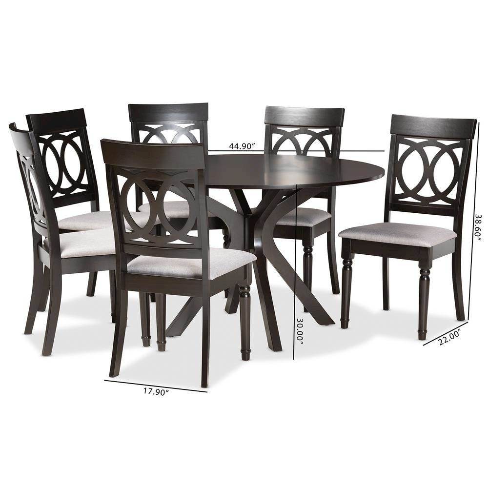 Grey Fabric Upholstered and Dark Brown Finished Wood 7-Piece Dining Set. Picture 18