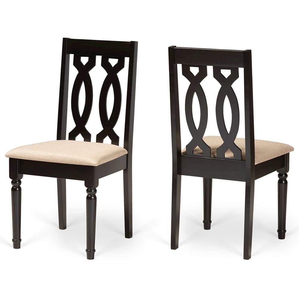 Sand Fabric Upholstered and Dark Brown Finished Wood 2-Piece Dining Chair Set. Picture 9