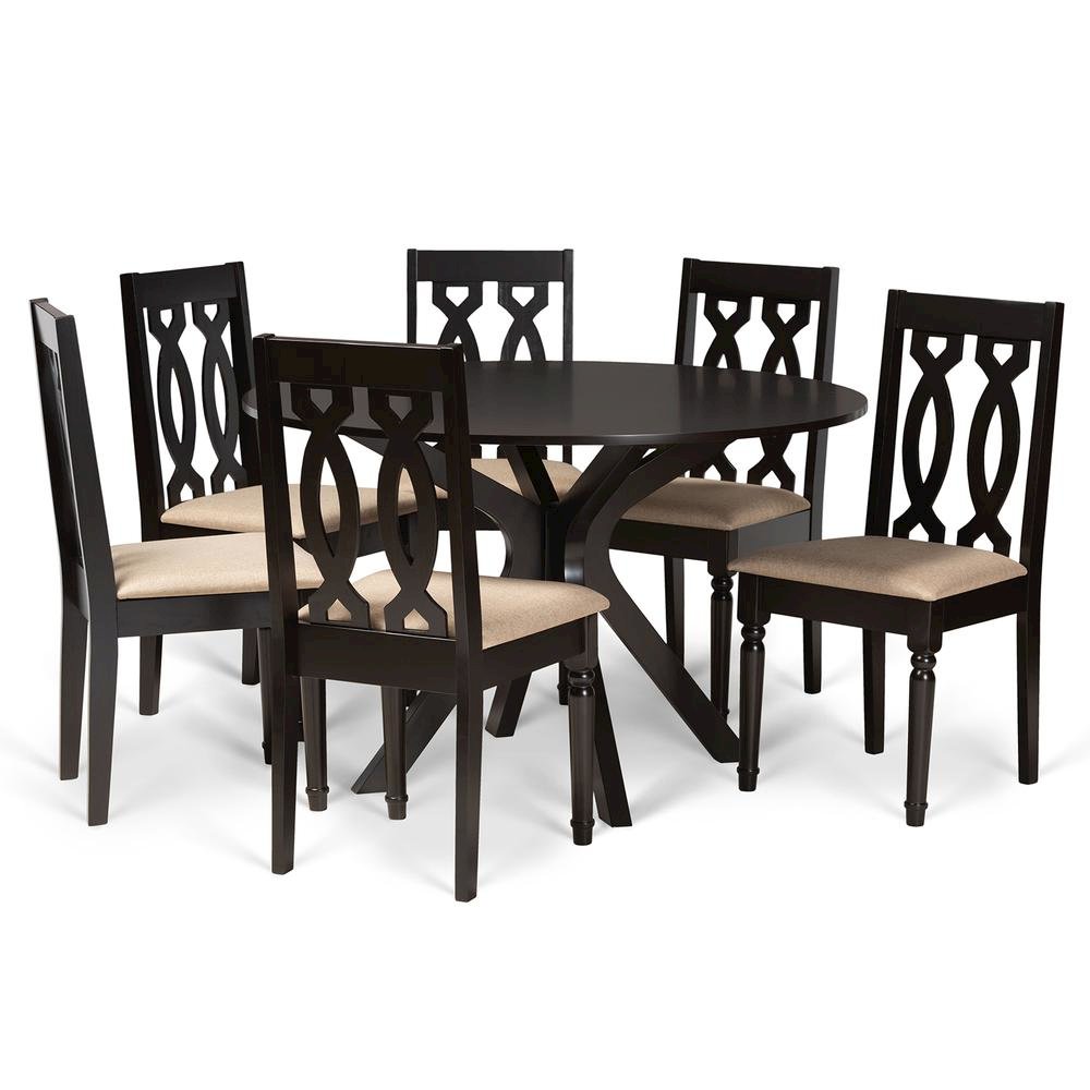 Sand Fabric Upholstered and Dark Brown Finished Wood 7-Piece Dining Set. Picture 10