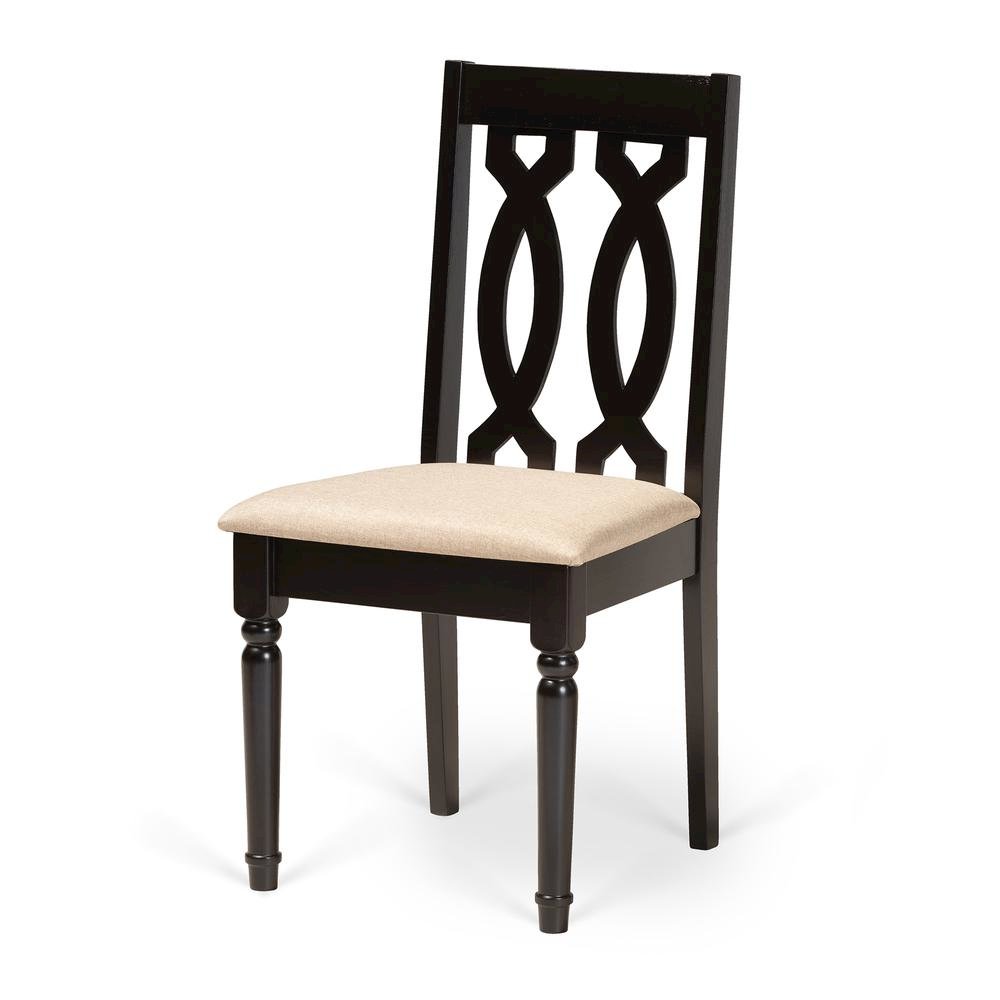 Sand Fabric Upholstered and Dark Brown Finished Wood 7-Piece Dining Set. Picture 11