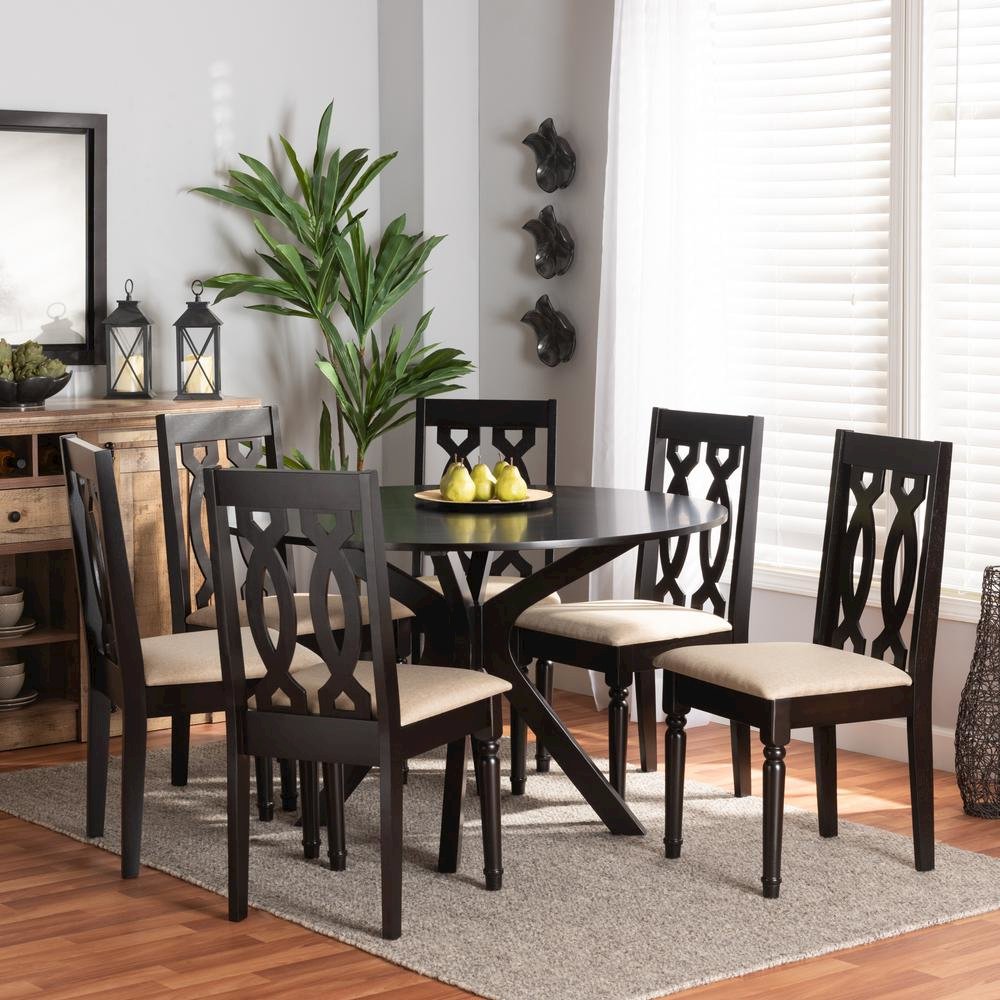 Sand Fabric Upholstered and Dark Brown Finished Wood 7-Piece Dining Set. Picture 16