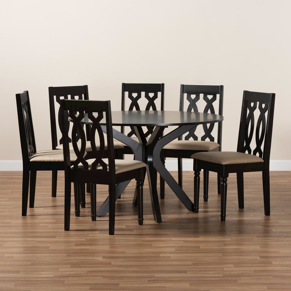 Sand Fabric Upholstered and Dark Brown Finished Wood 7-Piece Dining Set. Picture 17