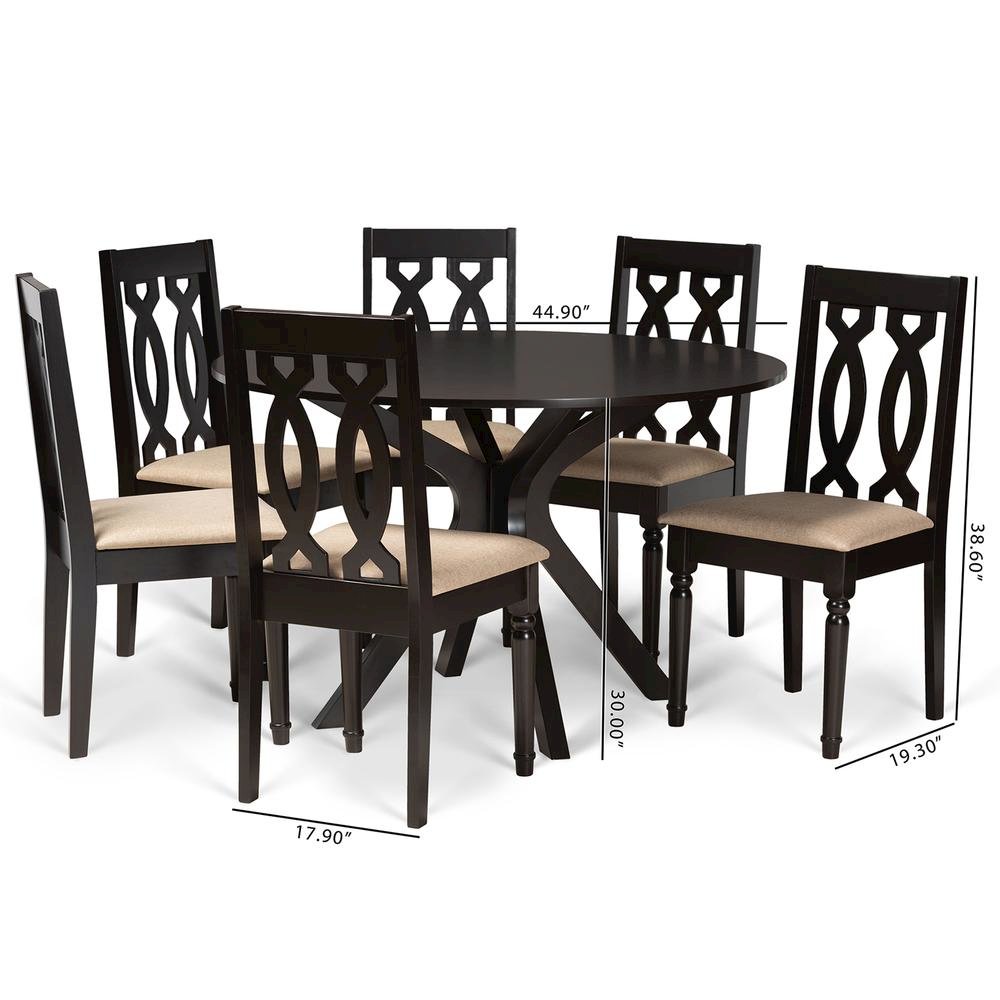 Sand Fabric Upholstered and Dark Brown Finished Wood 7-Piece Dining Set. Picture 18