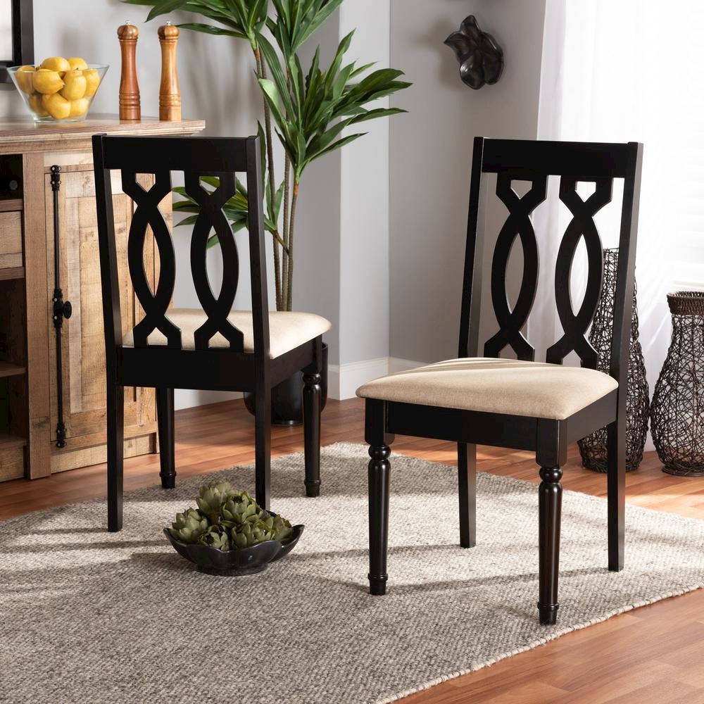 Sand Fabric Upholstered and Dark Brown Finished Wood 2-Piece Dining Chair Set. Picture 14