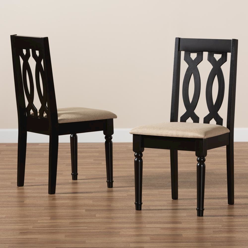 Sand Fabric Upholstered and Dark Brown Finished Wood 2-Piece Dining Chair Set. Picture 15