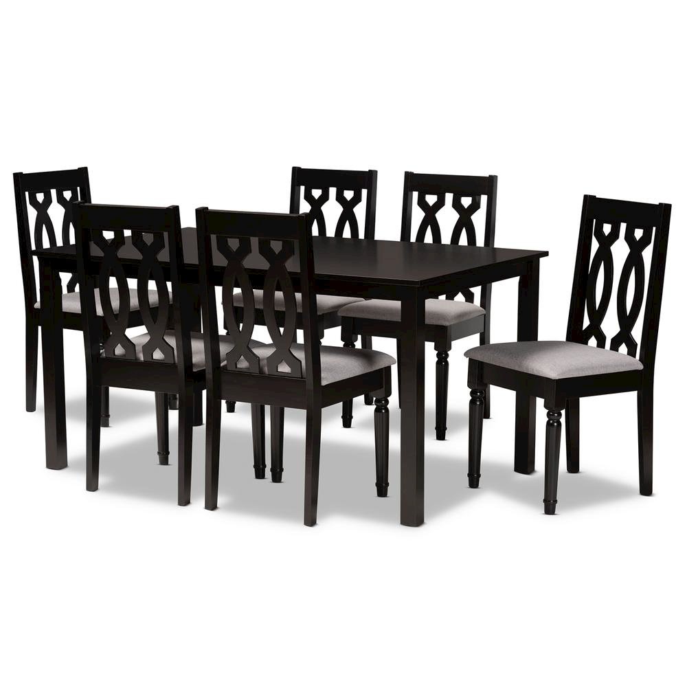 Grey Fabric Upholstered and Dark Brown Finished Wood 7-Piece Dining Set. Picture 10