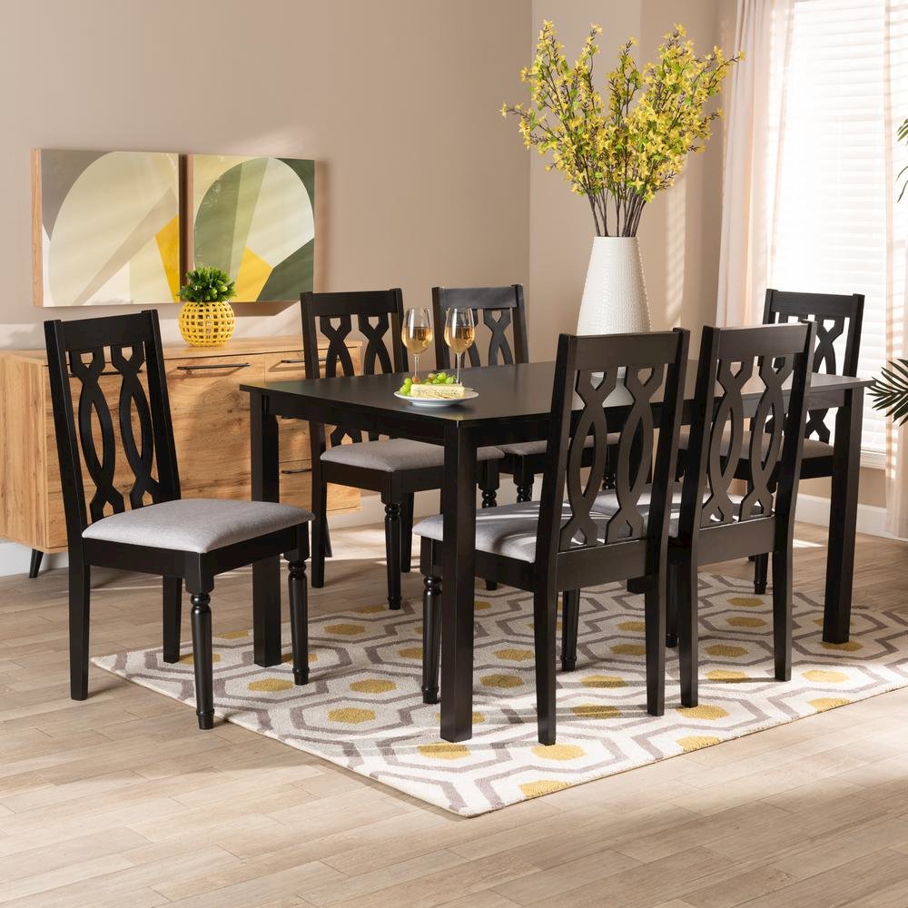 Grey Fabric Upholstered and Dark Brown Finished Wood 7-Piece Dining Set. Picture 16