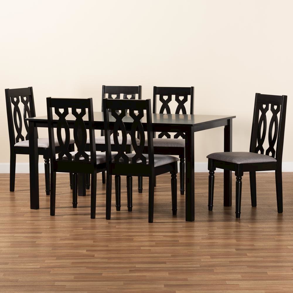 Grey Fabric Upholstered and Dark Brown Finished Wood 7-Piece Dining Set. Picture 17