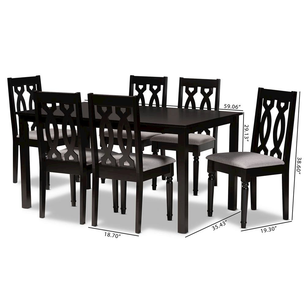 Grey Fabric Upholstered and Dark Brown Finished Wood 7-Piece Dining Set. Picture 18