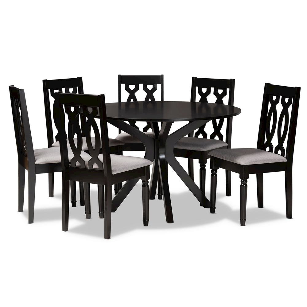 Grey Fabric Upholstered and Dark Brown Finished Wood 7-Piece Dining Set. Picture 10