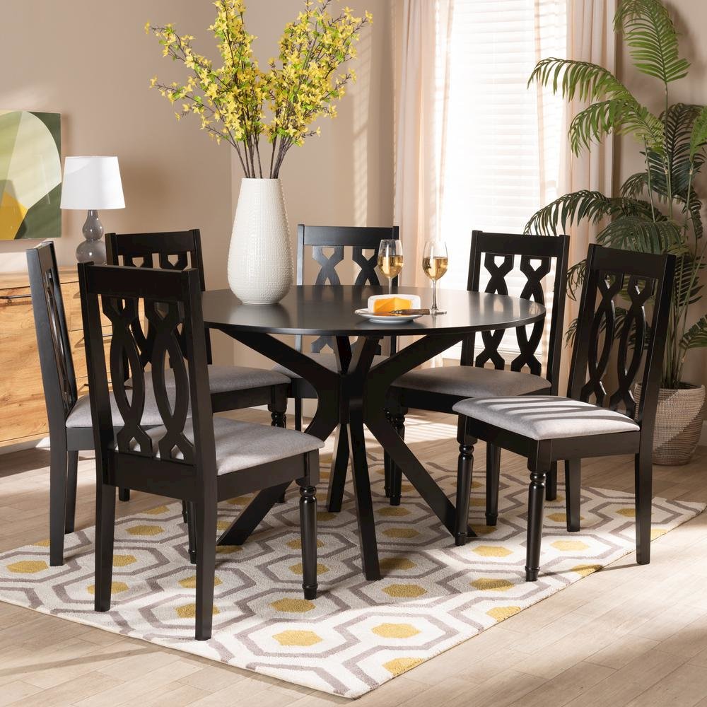 Grey Fabric Upholstered and Dark Brown Finished Wood 7-Piece Dining Set. Picture 16