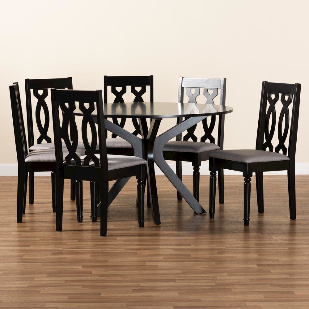 Grey Fabric Upholstered and Dark Brown Finished Wood 7-Piece Dining Set. Picture 17