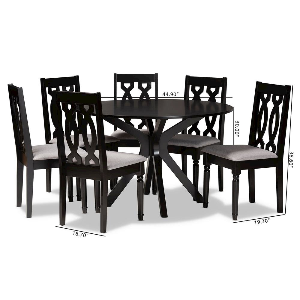 Grey Fabric Upholstered and Dark Brown Finished Wood 7-Piece Dining Set. Picture 18