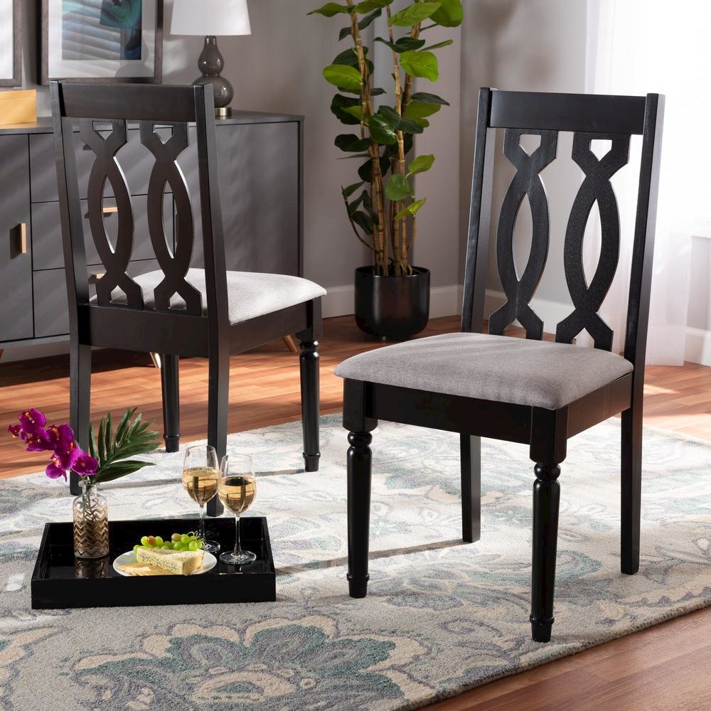 Grey Fabric Upholstered and Dark Brown Finished Wood 2-Piece Dining Chair Set. Picture 14