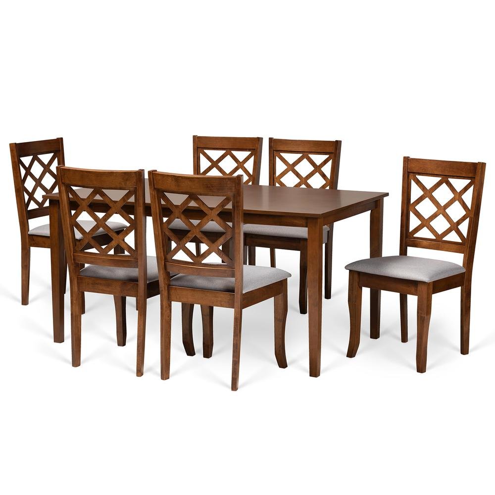 Grey Fabric Upholstered and Walnut Brown Finished Wood 7-Piece Dining Set. Picture 10