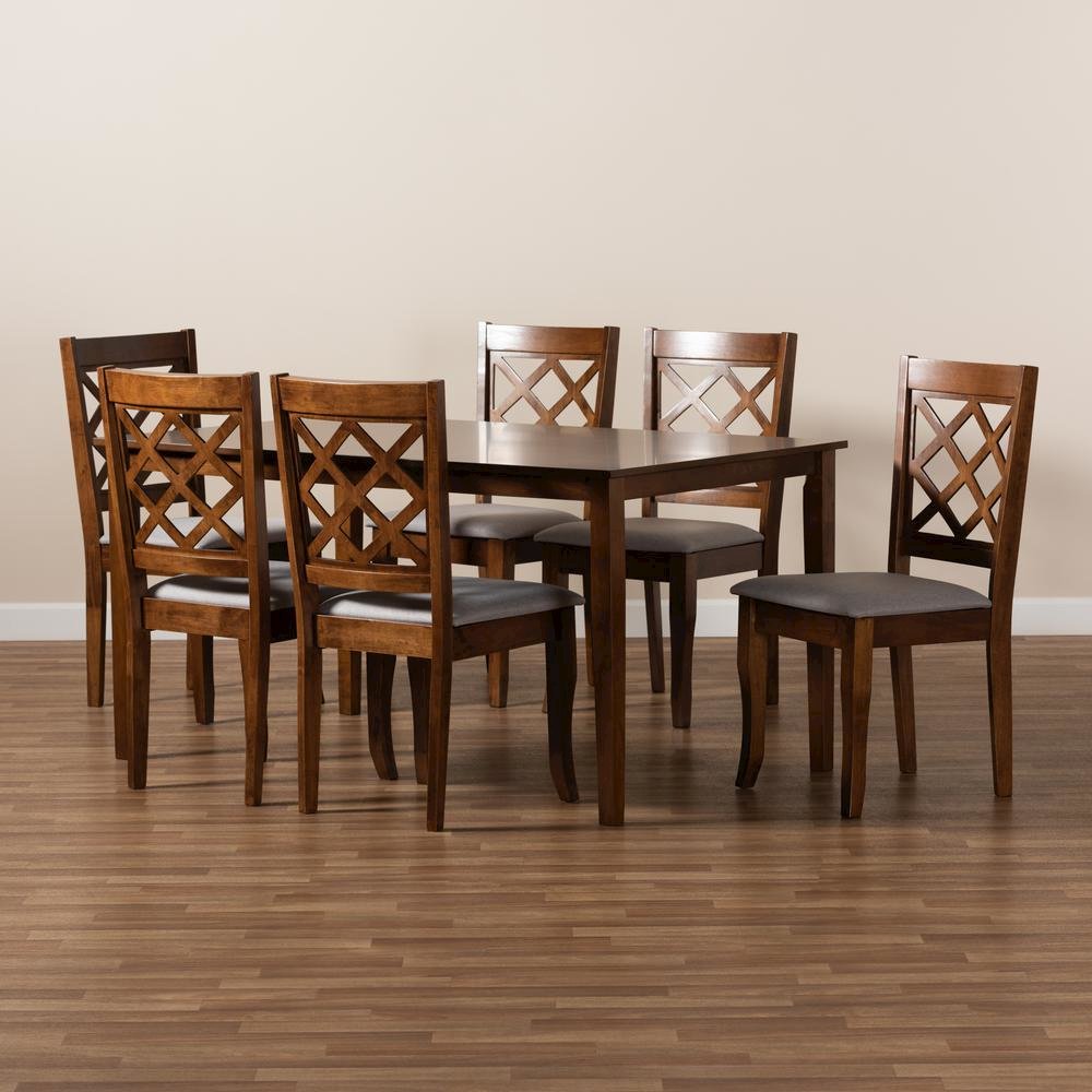 Grey Fabric Upholstered and Walnut Brown Finished Wood 7-Piece Dining Set. Picture 17