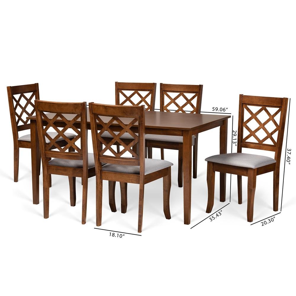Grey Fabric Upholstered and Walnut Brown Finished Wood 7-Piece Dining Set. Picture 18
