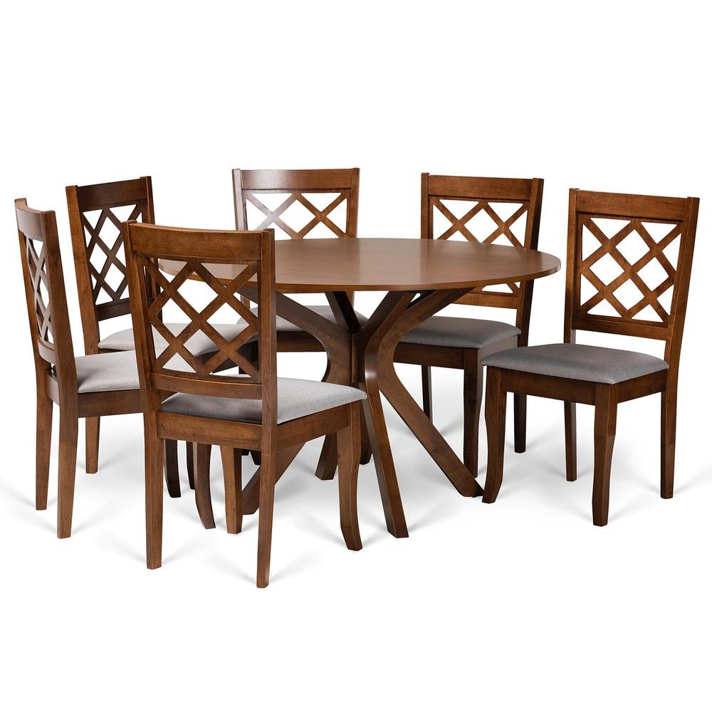 Grey Fabric Upholstered and Walnut Brown Finished Wood 7-Piece Dining Set. Picture 10
