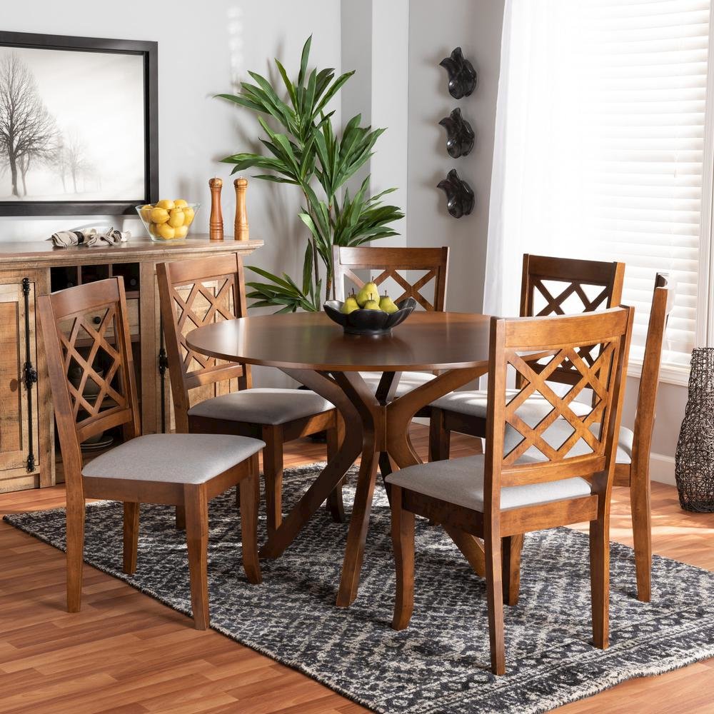Grey Fabric Upholstered and Walnut Brown Finished Wood 7-Piece Dining Set. Picture 16