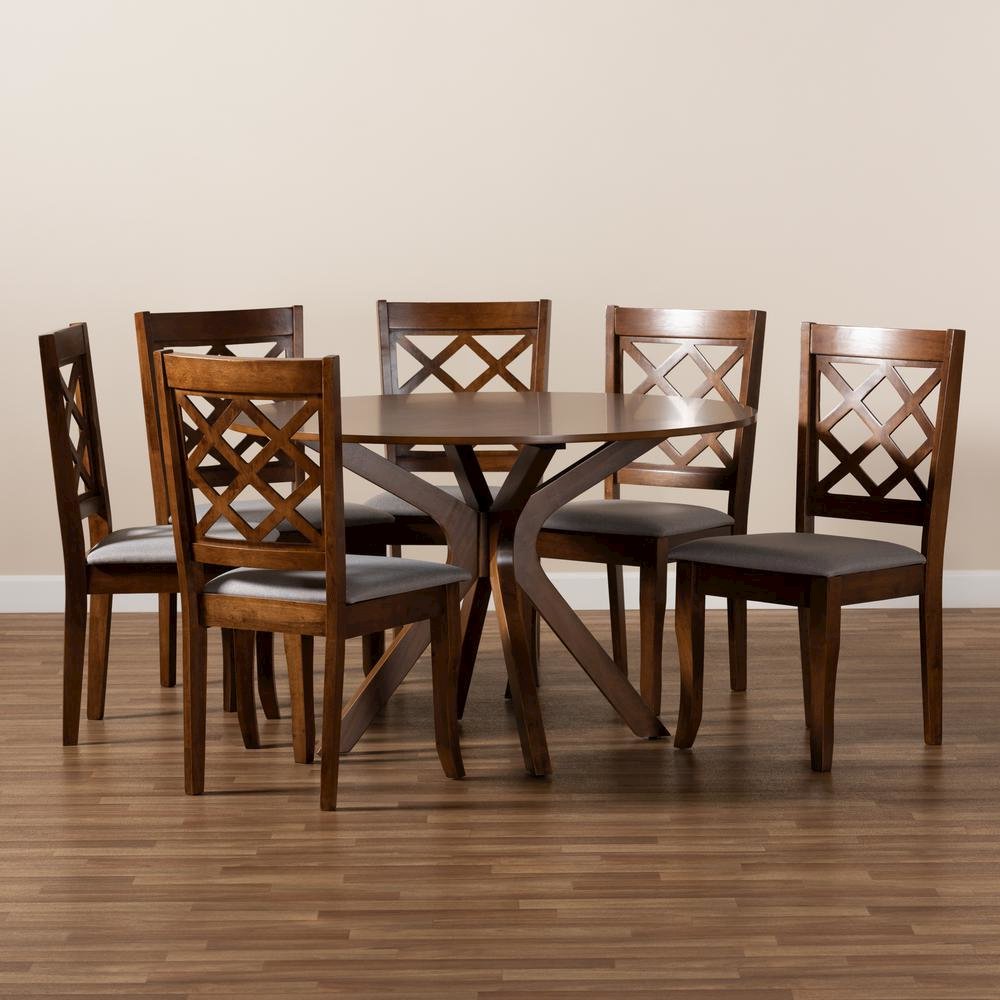 Grey Fabric Upholstered and Walnut Brown Finished Wood 7-Piece Dining Set. Picture 17