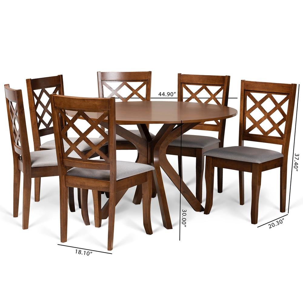Grey Fabric Upholstered and Walnut Brown Finished Wood 7-Piece Dining Set. Picture 18