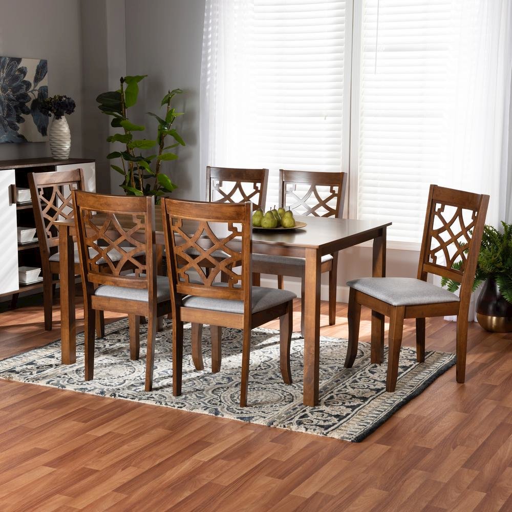 Grey Fabric Upholstered and Walnut Brown Finished Wood 7-Piece Dining Set. Picture 16