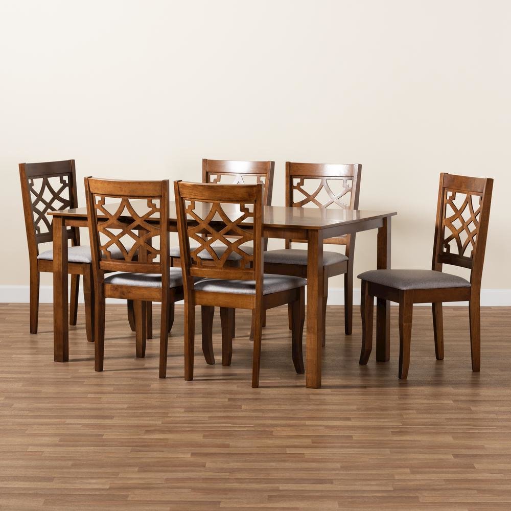 Grey Fabric Upholstered and Walnut Brown Finished Wood 7-Piece Dining Set. Picture 17