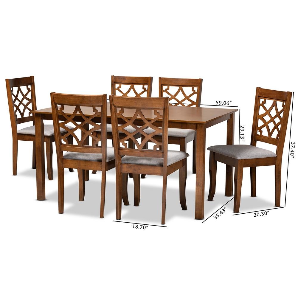 Grey Fabric Upholstered and Walnut Brown Finished Wood 7-Piece Dining Set. Picture 18