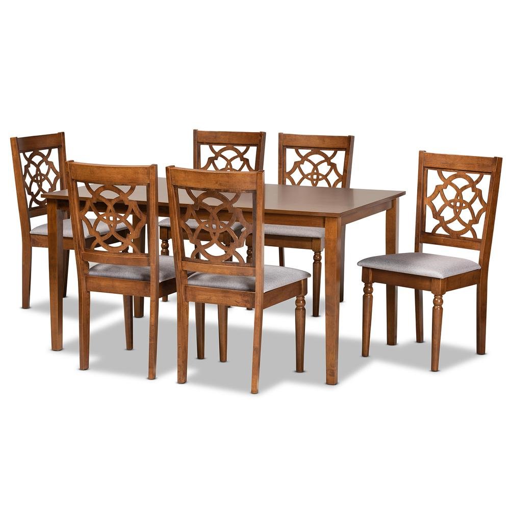 Grey Fabric Upholstered and Walnut Brown Finished Wood 7-Piece Dining Set. Picture 10