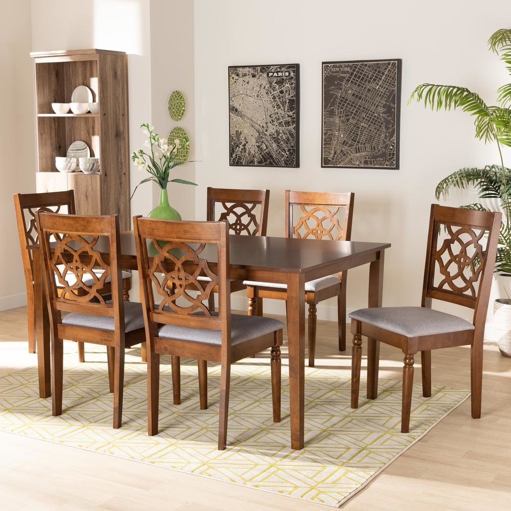 Grey Fabric Upholstered and Walnut Brown Finished Wood 7-Piece Dining Set. Picture 16