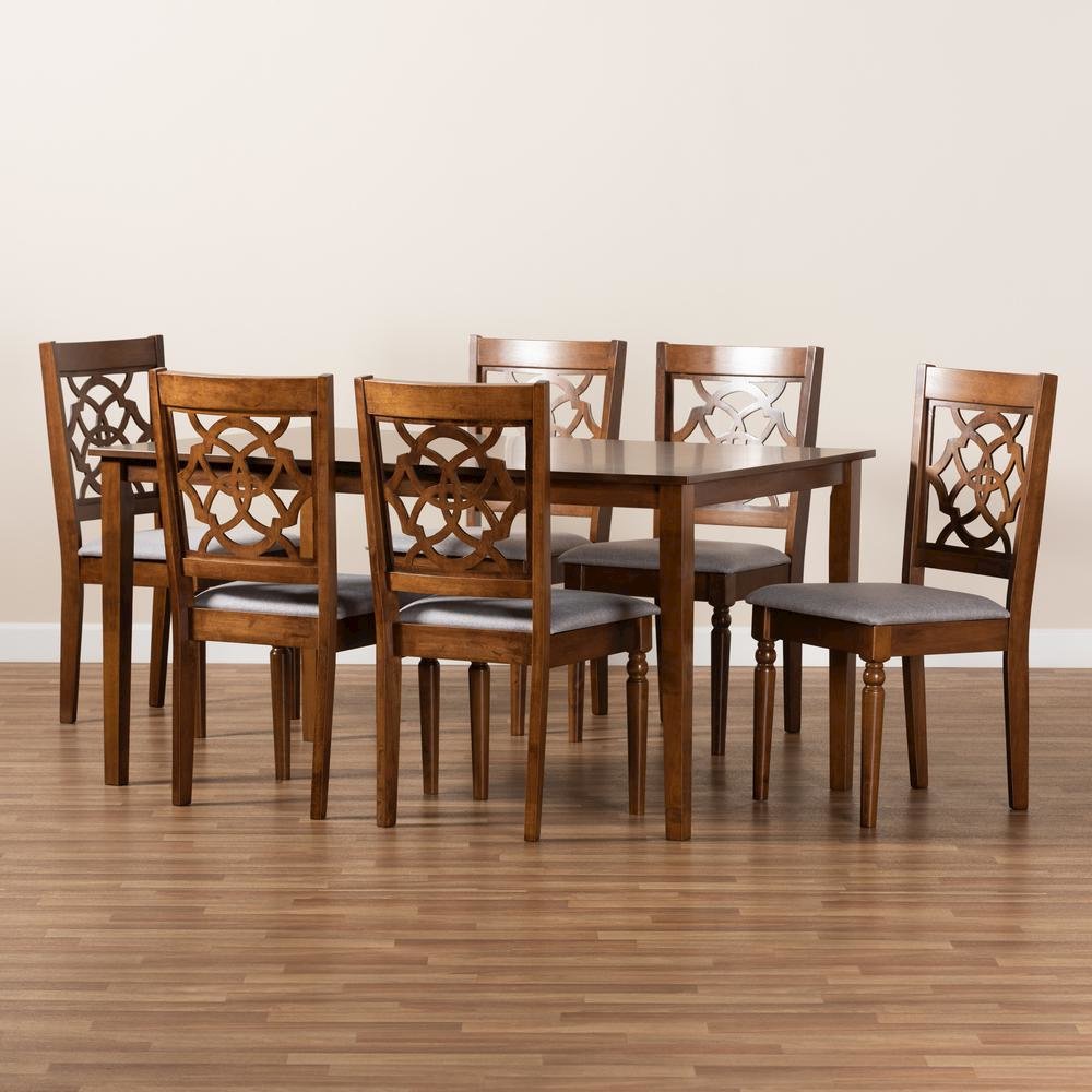 Grey Fabric Upholstered and Walnut Brown Finished Wood 7-Piece Dining Set. Picture 17