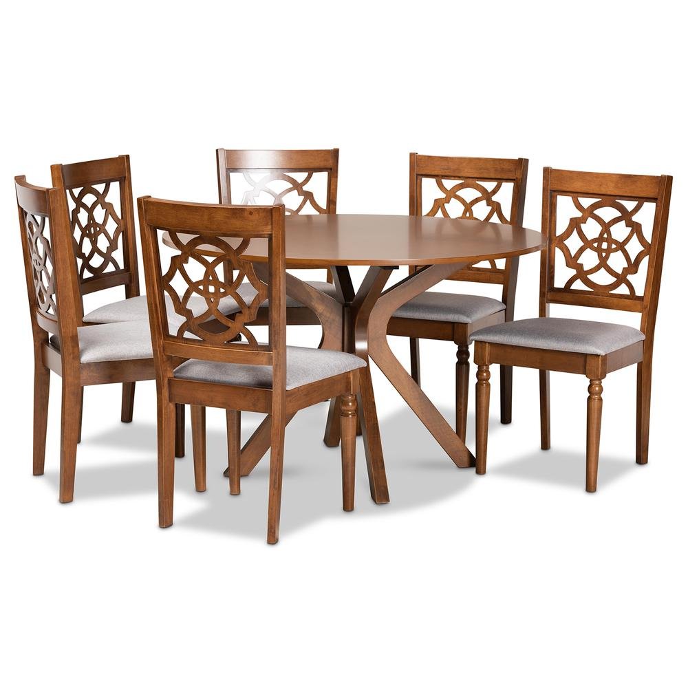 Grey Fabric Upholstered and Walnut Brown Finished Wood 7-Piece Dining Set. Picture 10