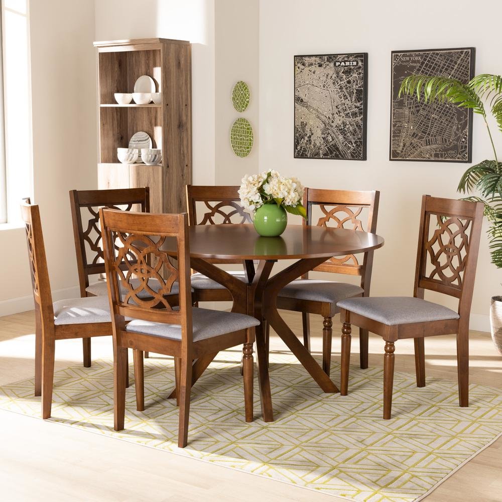 Grey Fabric Upholstered and Walnut Brown Finished Wood 7-Piece Dining Set. Picture 16