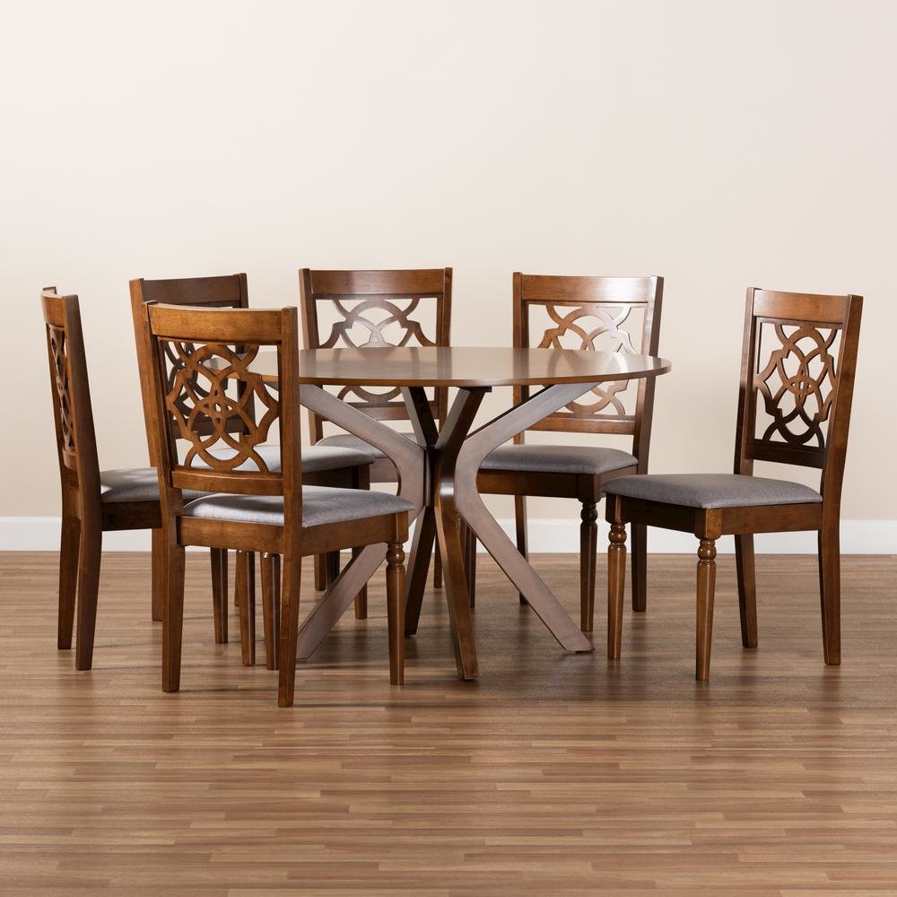 Grey Fabric Upholstered and Walnut Brown Finished Wood 7-Piece Dining Set. Picture 17