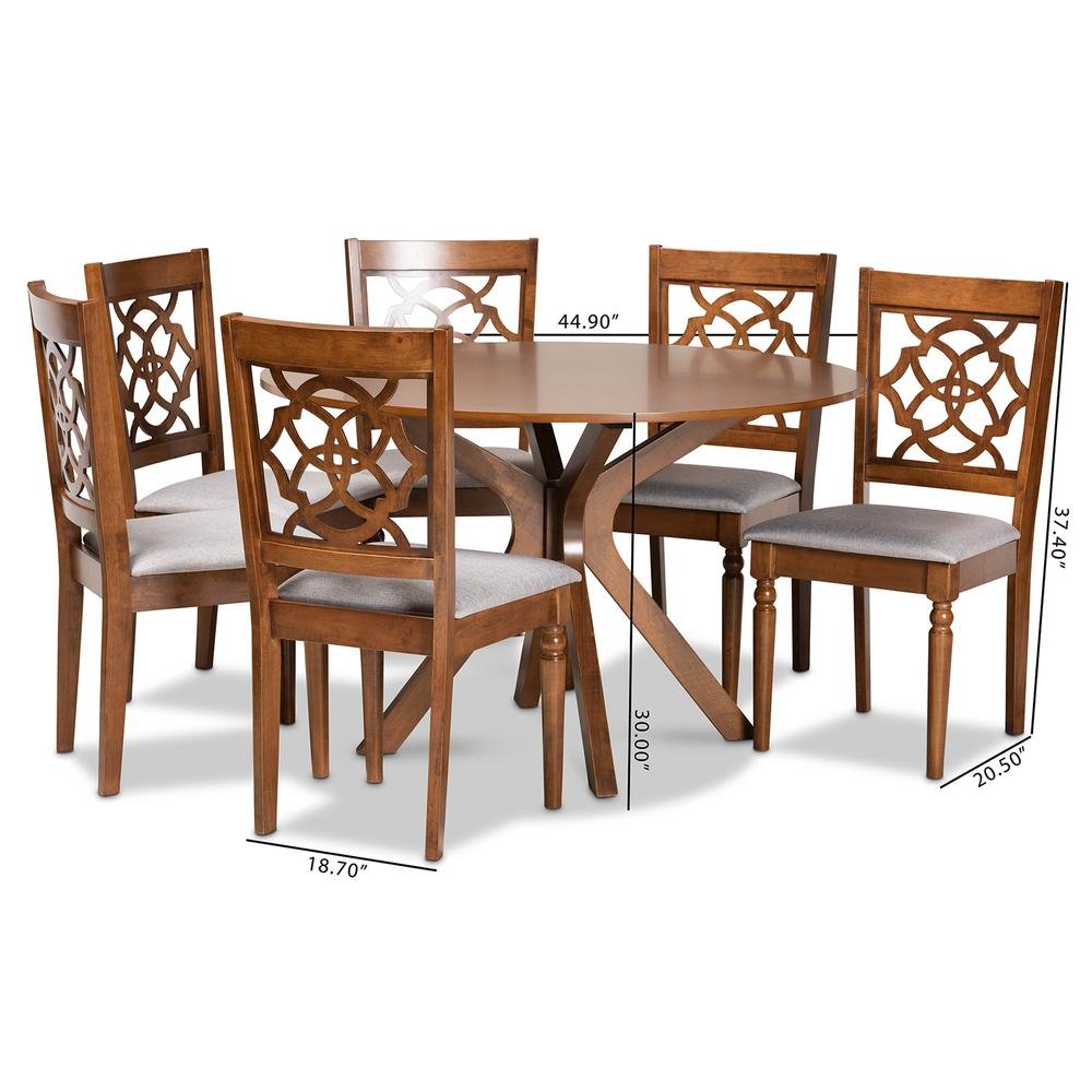 Grey Fabric Upholstered and Walnut Brown Finished Wood 7-Piece Dining Set. Picture 18