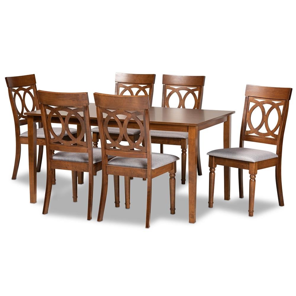 Grey Fabric Upholstered and Walnut Brown Finished Wood 7-Piece Dining Set. Picture 10
