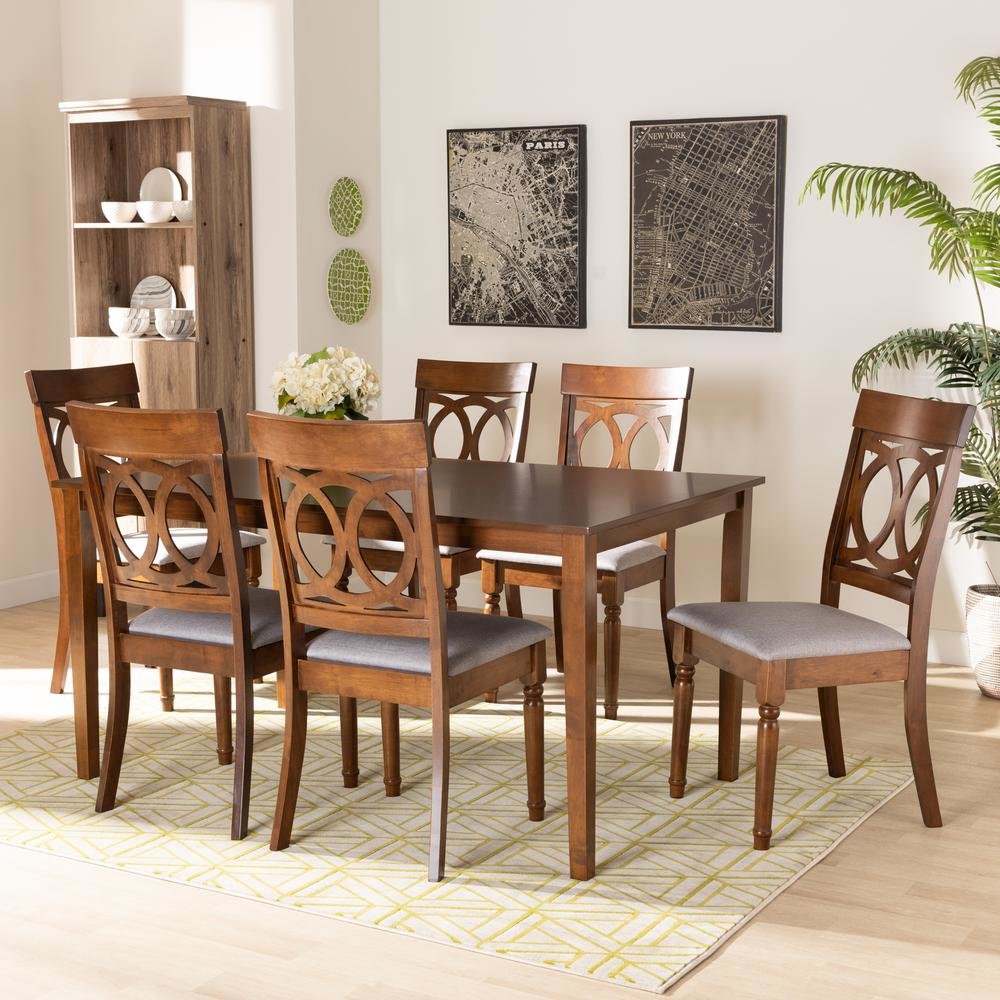 Grey Fabric Upholstered and Walnut Brown Finished Wood 7-Piece Dining Set. Picture 16