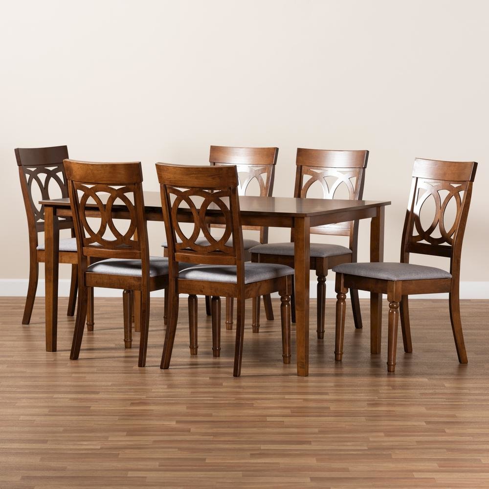 Grey Fabric Upholstered and Walnut Brown Finished Wood 7-Piece Dining Set. Picture 17