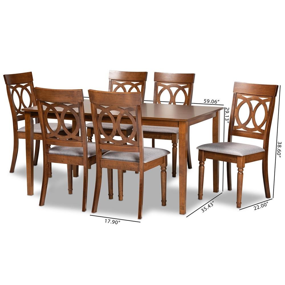 Grey Fabric Upholstered and Walnut Brown Finished Wood 7-Piece Dining Set. Picture 18