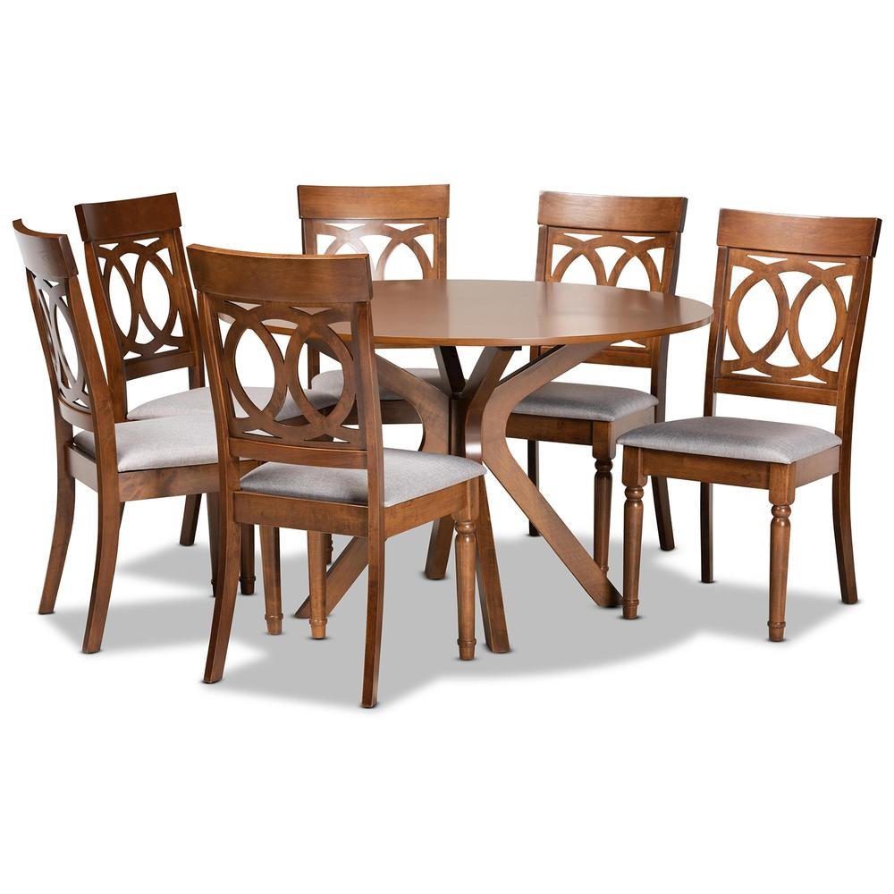 Grey Fabric Upholstered and Walnut Brown Finished Wood 7-Piece Dining Set. Picture 10