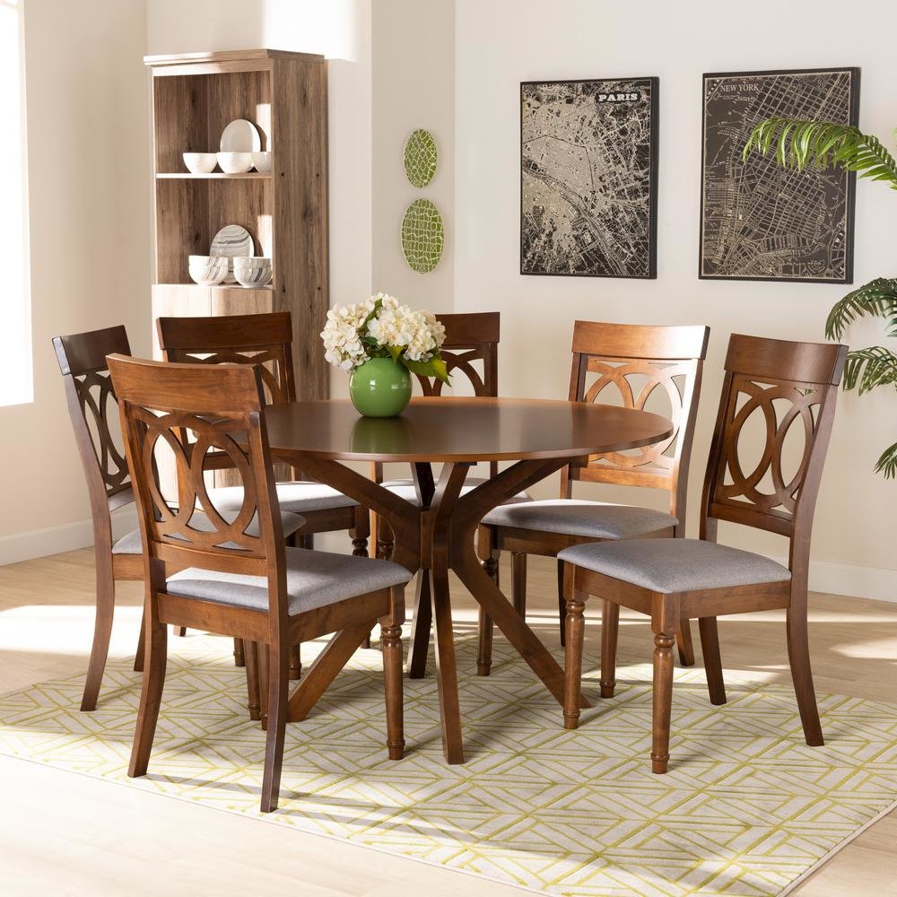 Grey Fabric Upholstered and Walnut Brown Finished Wood 7-Piece Dining Set. Picture 16