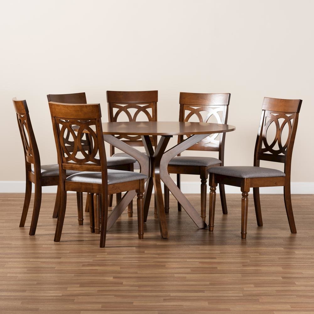 Grey Fabric Upholstered and Walnut Brown Finished Wood 7-Piece Dining Set. Picture 17
