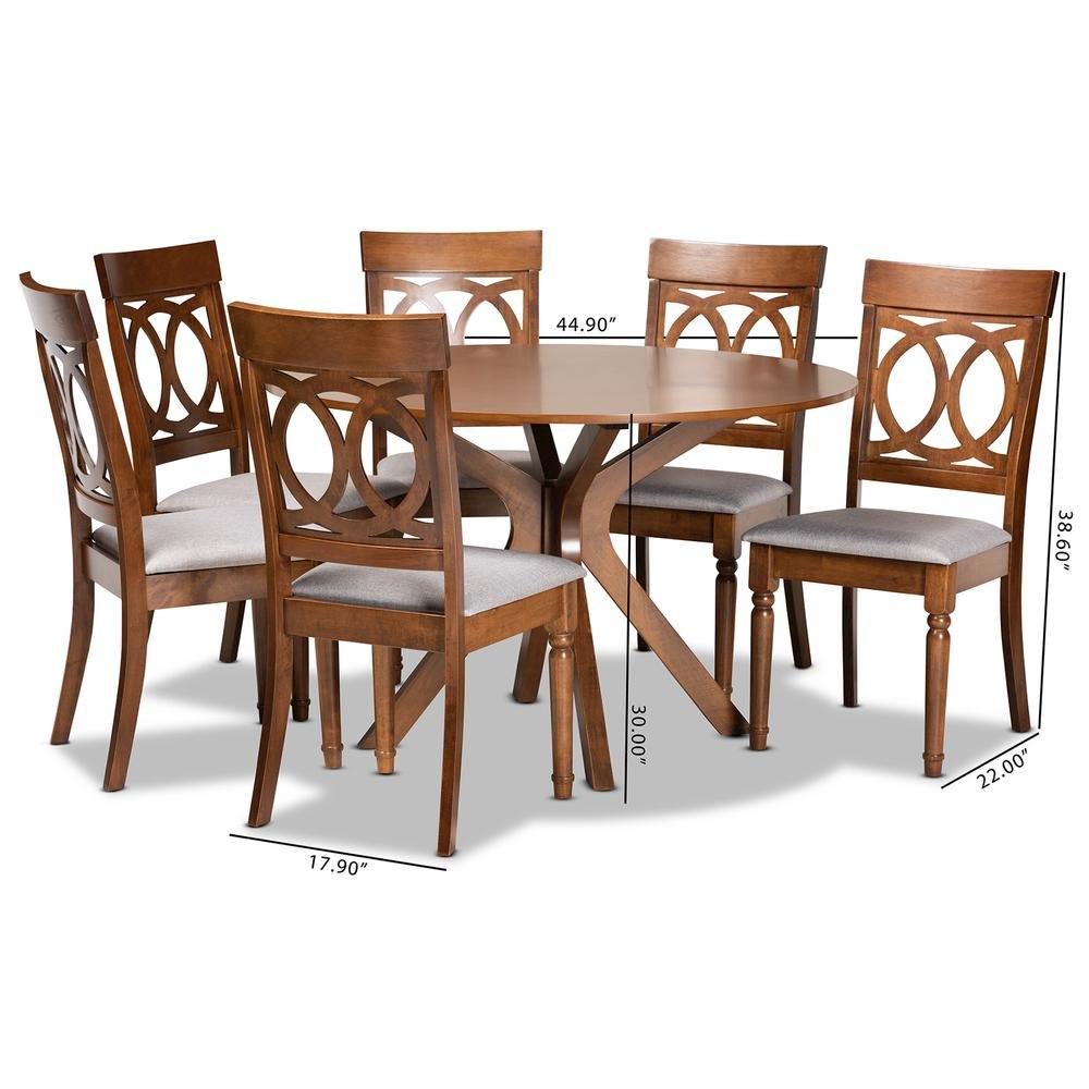 Grey Fabric Upholstered and Walnut Brown Finished Wood 7-Piece Dining Set. Picture 18