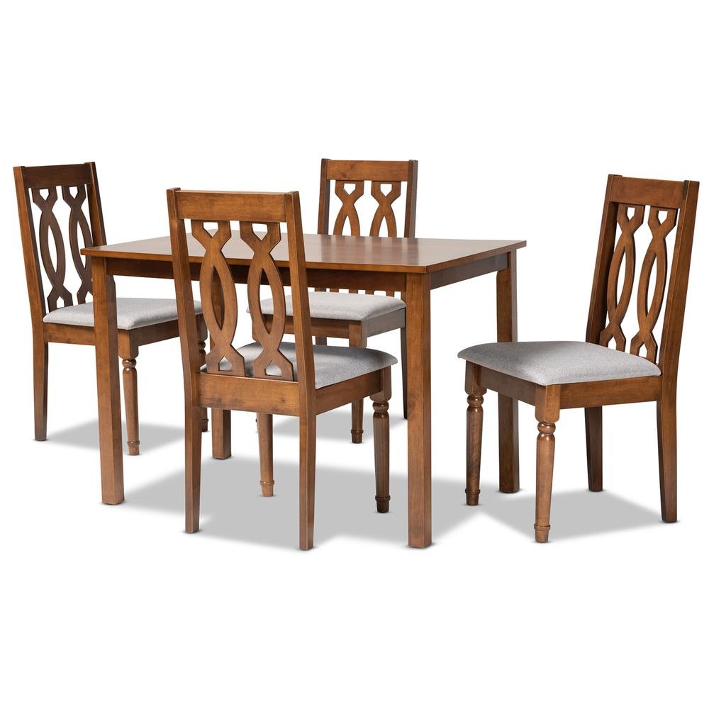 Grey Fabric Upholstered and Walnut Brown Finished 5-Piece Wood Dining Set. Picture 10