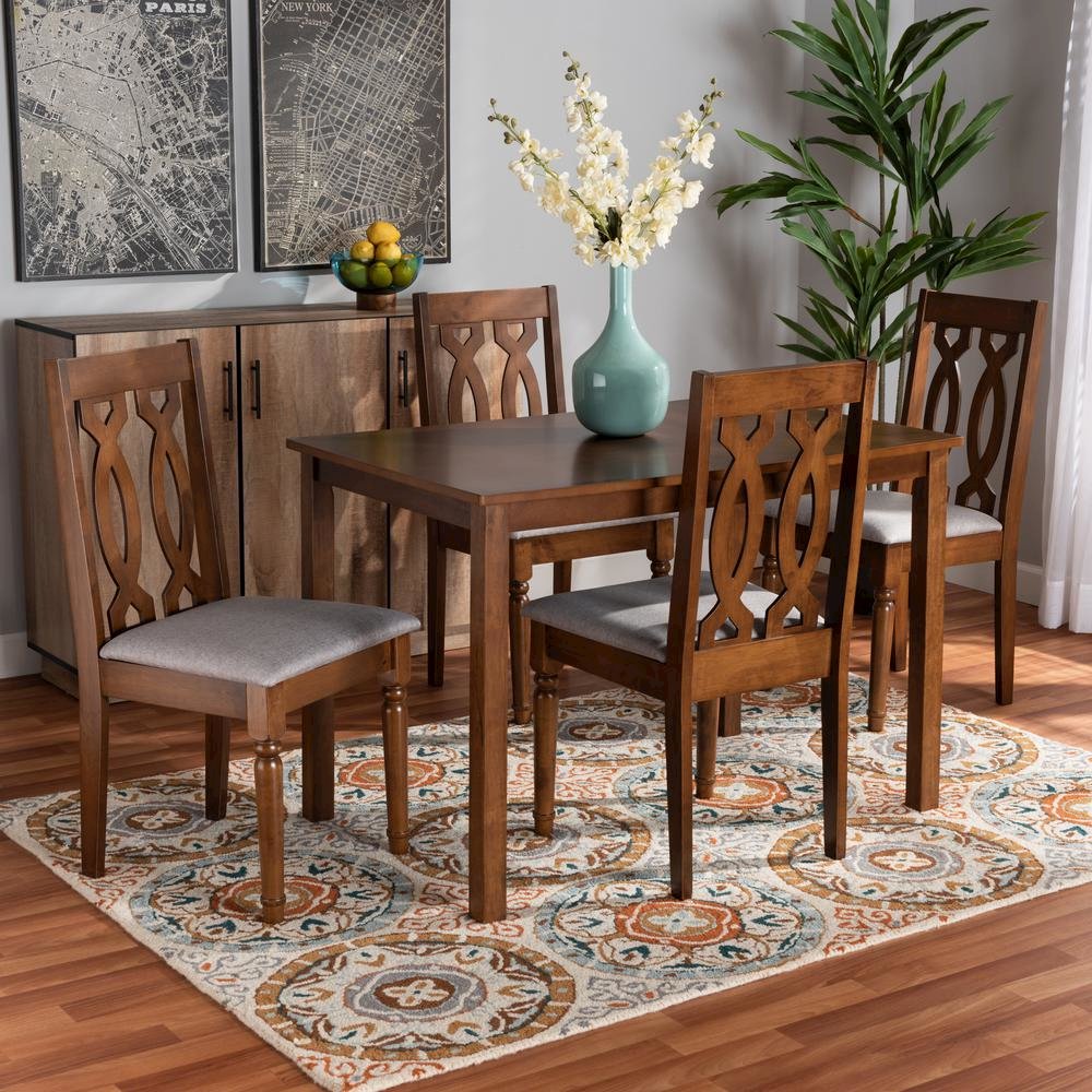 Grey Fabric Upholstered and Walnut Brown Finished 5-Piece Wood Dining Set. Picture 16